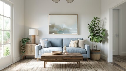 Naklejka premium A living room with a blue couch, a coffee table, and a potted plant. The room has a modern and minimalist design, with a white wall and a large window