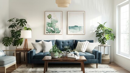 A living room with a blue couch, a coffee table, and a potted plant. The room has a modern and minimalist design, with a white wall and a blue couch