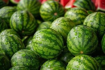 A pile of fresh, green watermelons with vibrant stripes and water droplets, captured in high detail. Perfect for summer themes, healthy food concepts, and agricultural backgrounds. Juicy refreshing.