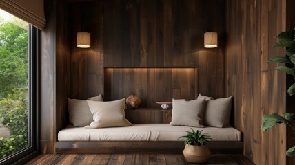 A cozy living room with a wooden wall and a window. The room has a couch and two pillows, and a potted plant. The mood of the room is warm and inviting