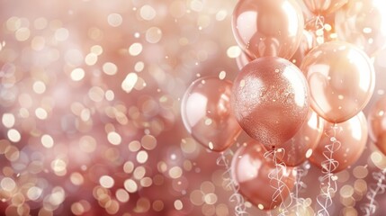 Elegant rose gold balloons with sparkling bokeh background, perfect for celebrations, parties, or festive occasions.