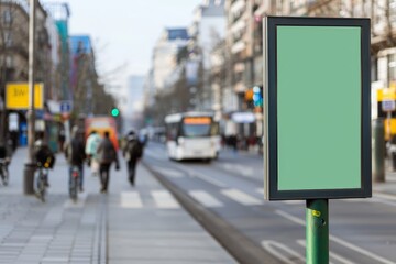 Vibrant Green Screen Billboard in Urban Intersection with Blurred Pedestrians and Cyclists Background