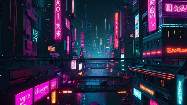 The video is a dark and neon-lit street scene of a futuristic city with skyscrapers and flying cars.