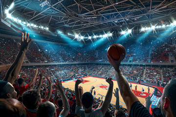 basketball fans watching basketball game at the large stadium