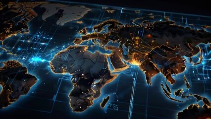 A dark blue world map with glowing blue and orange lines and dots representing connections between cities.