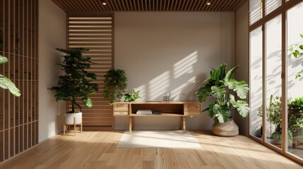 Fototapeta premium A room with a wooden floor and a wooden table with a potted plant on it. The room is very clean and has a minimalist design