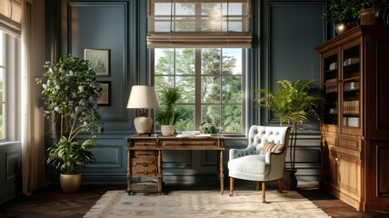 Fototapeta premium A room with a desk, chair, and potted plants. The room has a modern and sophisticated feel, with a focus on natural elements and a sense of calm