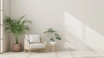 A white chair sits in front of a wall with a plant in a pot. The room is empty and has a minimalist feel