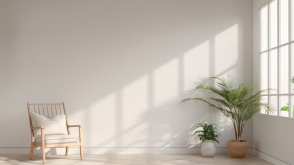 Fototapeta premium A white room with a chair and a plant. The room is very clean and simple, with no clutter or decorations. The sunlight coming in through the window creates a warm