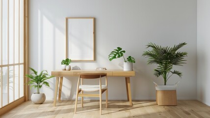 A white room with a desk and a chair, a potted plant on the desk, and a potted plant on the floor