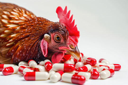 Close-up of a brown hen surrounded by red and white pills antibiotics or  flu treatment,  highlights the importance of health care in poultry farming and the risks of disease outbreaks