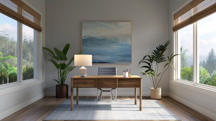 A small office with a desk, chair, and potted plants. The room is well lit and has a calming atmosphere