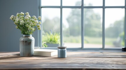 A vase of flowers sits on a wooden table next to a book. The scene is peaceful and calming, with the flowers and book adding a touch of nature and relaxation to the space