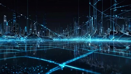 This is a digital video of a futuristic city. The city is depicted as a glowing blue grid of lines and dots, with tall buildings and skyscrapers reaching up into the sky. - Powered by Adobe