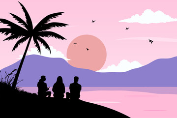 View of young people discussing happily on the beach. Vector illustration poster design template