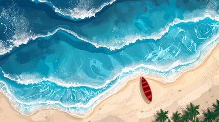 Obraz premium an aerial view of a picture of a beach with a boat on the water and a palm tree in the corner 