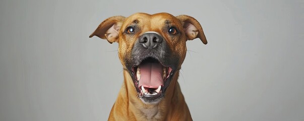 A dog making a goofy face, white background, futuristic style, sleek design