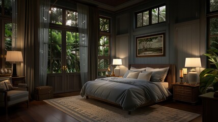 Fototapeta premium A bedroom with a large bed, a chair, and a nightstand. The room is dimly lit, giving it a cozy and intimate atmosphere