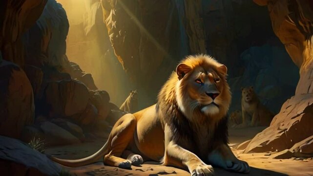 This is a video of a lion lying down in a cave. The cave is dark, but there is a bright light shining in from the outside. The lion is looking out of the cave towards the light.