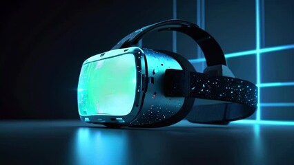 A virtual reality headset is shown in the picture. The headset is black with green glowing lenses. It is sitting on a reflective surface with a dark background. - Powered by Adobe