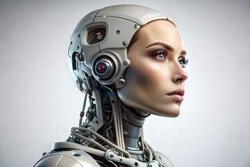 A beautiful female robot with robotic parts on her face and neck, looking to the side in profile view against a white background