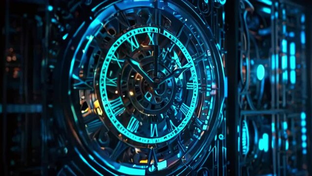 This is a glowing blue steampunk clock with ornate gears and filigree.