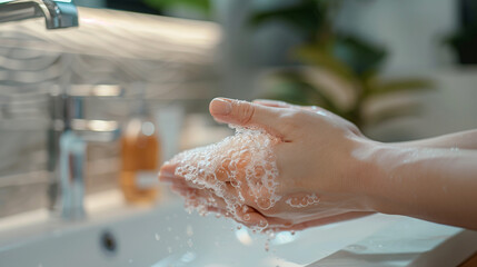 Fototapeta premium Gentle hand washing foam, foamed on your hands, in a modern bathroom - an example of daily care and attention to personal hygiene.