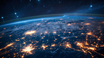 Obraz premium Night cities seen from satellite, illustrating connections between continents important for business, technology and education. It is an image of global economic connections.