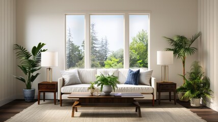 Fototapeta premium A living room with a white couch, two lamps, and a potted plant. The room has a modern and clean look, with a large window letting in natural light. The plants add a touch of greenery