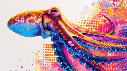 Vibrant Abstract Digital Art of an Octopus with Bright Colors and Dynamic Patterns