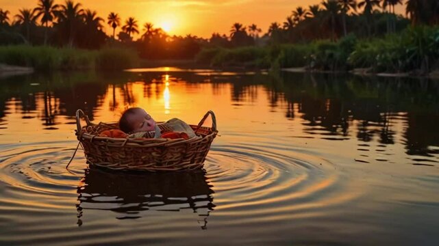 There is a small boat in the center of a body of water. The boat is empty except for a few red objects. The sun is setting in the background, casting a golden glow over the scene.