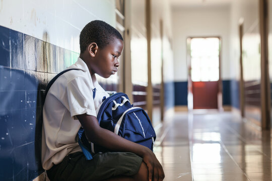 Sad schoolboy sitting alone in the school corridor feeling lonely, depressed and stressed