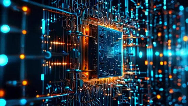This is an illustration of a computer chip with blue and orange lights on a black background.