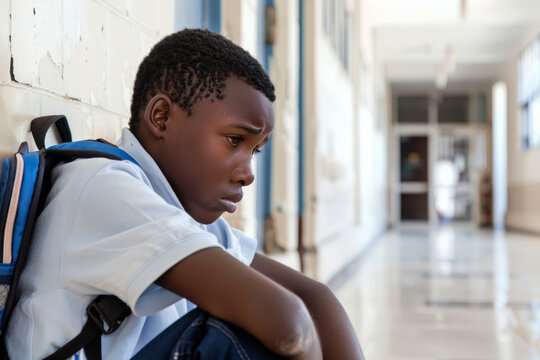 Young student wearing a backpack is sitting alone in a school hallway, feeling sad and withdrawn