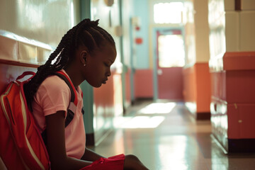 Sad young student is sitting alone on the floor in a school hallway, feeling lonely and isolated