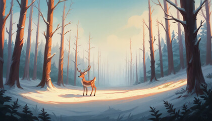 Step into a winter wonderland where snow-laden pine trees stand tall under a crisp, azure sky. Delicate icicles hang from branches, catching the sunlight and casting a magical sparkle. Deer cautiously