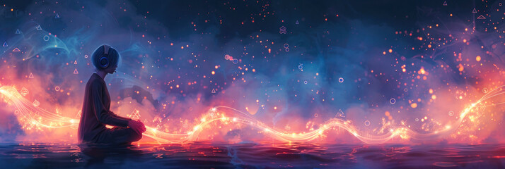 Person in meditative pose with headphones, glowing cosmos