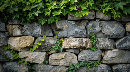 Stone wall adorned with lush greenery in bloom