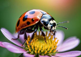 Fototapeta premium Ladybug on flower macro closeup. Generative AI. 