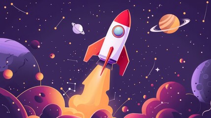 Cartoon rocket launching into space, surrounded by planets and stars. Concept of space exploration, startup, innovation, and success.