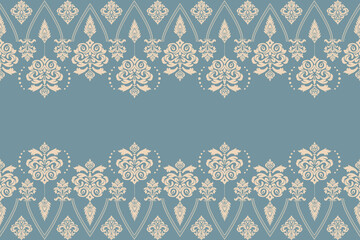 Elegant Ornamental Damask Pattern in Beige and Blue for Textile and Wallpaper Design