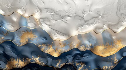 An abstract rendition of a hilly landscape. Layers upon layers of hilly, patterned glass in white, gold and blue. 