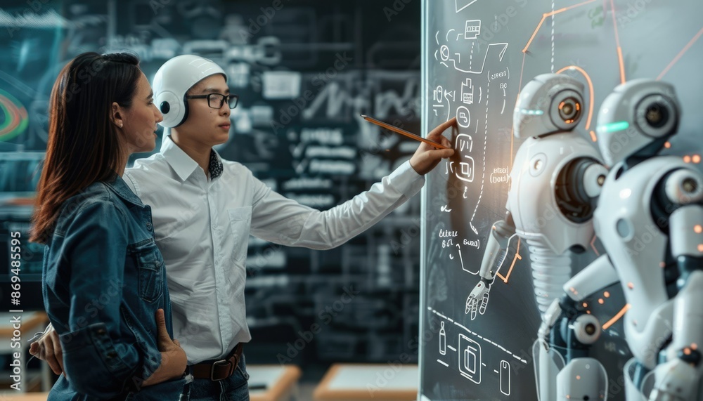 Poster engineers collaborate in a hightech lab to develop advanced humanoid robots powered by artificial in