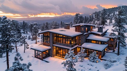 Aerial image of a contemporary mountain home with large windows, wooden exterior, and snowcovered landscape, winter dusk, editorial style, breathtaking photo