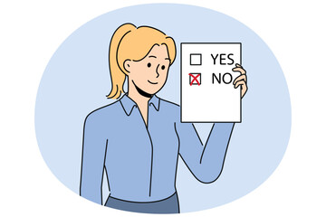 Woman voter demonstrates ballot for presidential elections or referendum with chosen answer no. Voter holds questionnaire designed to survey population on socially important topics.