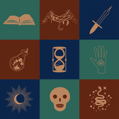 Set of magic symbols, celestial seamless pattern. Astrological, magical and esoteric symbols.
