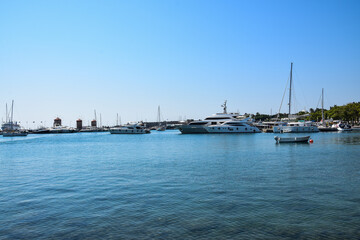 Fototapeta premium sea view on a clear summer day full of sun. Panorama of the island of Rhodes. 