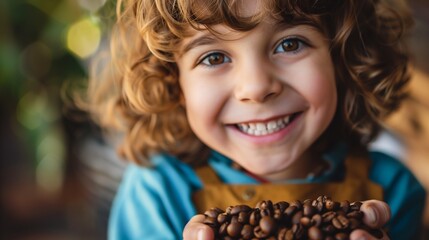 Naklejka premium Child holding coffee beans