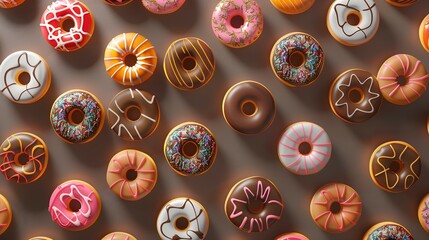 Assortment of Colorful Donuts on a Brown Background