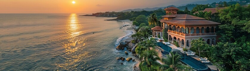 Fototapeta premium Aerial shot of a luxurious seaside mansion with private beach, infinity pool, and lush gardens, sunset, editorial style, opulent photo